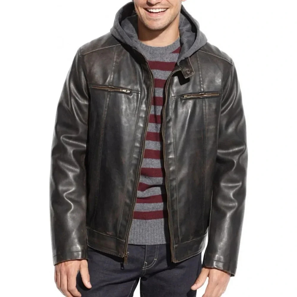 Levi’s Faux Leather Black Biker Jacket W/ Built In Hoodie Very Nice Medium